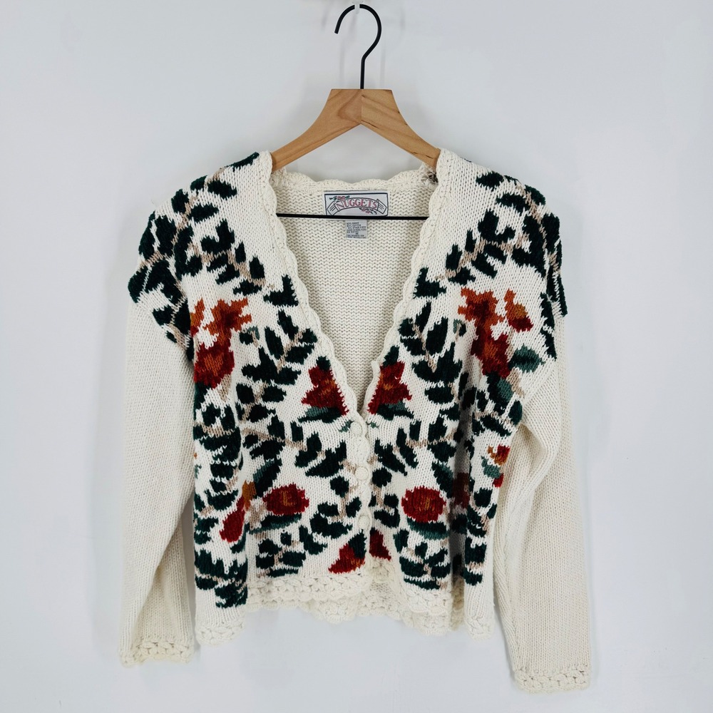 Vintage Nuggets Floral Cardigan Size M Cream Ramie Cotton Botanical Cottage 90s